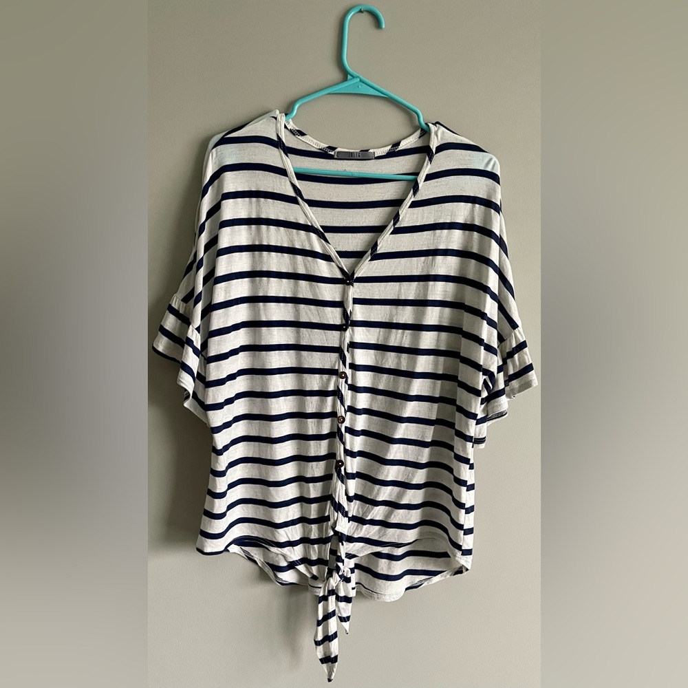 Jolie Navy Blue Striped Front Tie Shirt